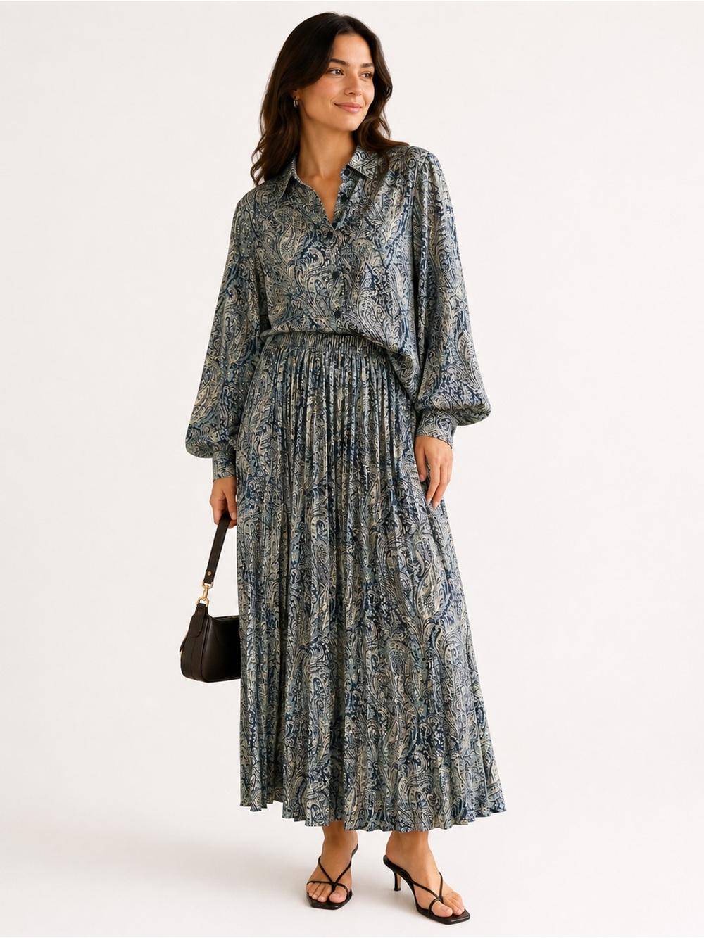 Paisley Print Long Sleeve Blouse & Maxi Skirt Set - Blue Multi elastic waist - Picture 6 of 6
